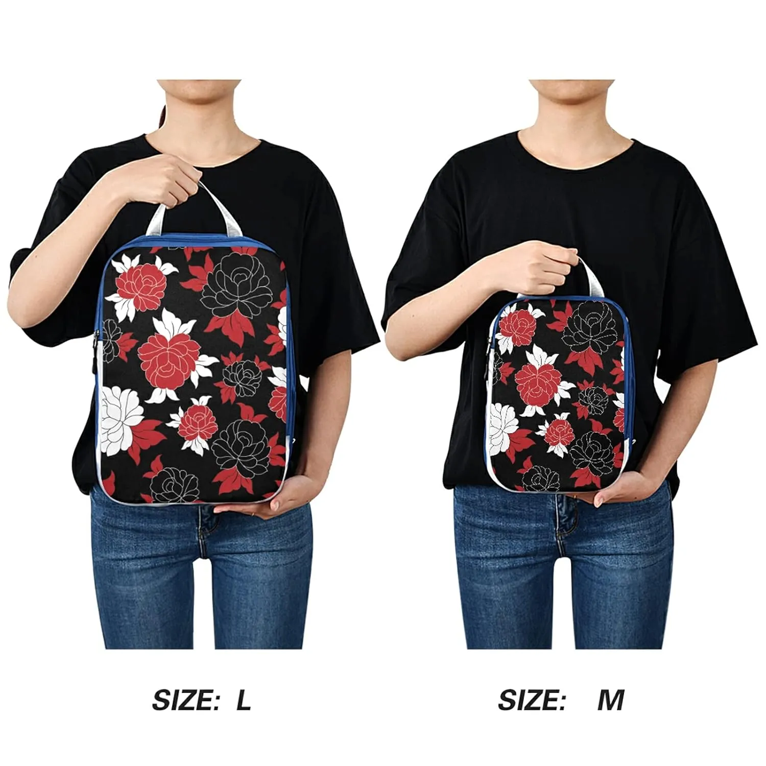 Seamless Traditional Flowers Black White Red Flower on Black 3 Set Packing Cubes, Waterproof Check Oxford cloth Organizers, Travel Packing Toiletry Storage Bag