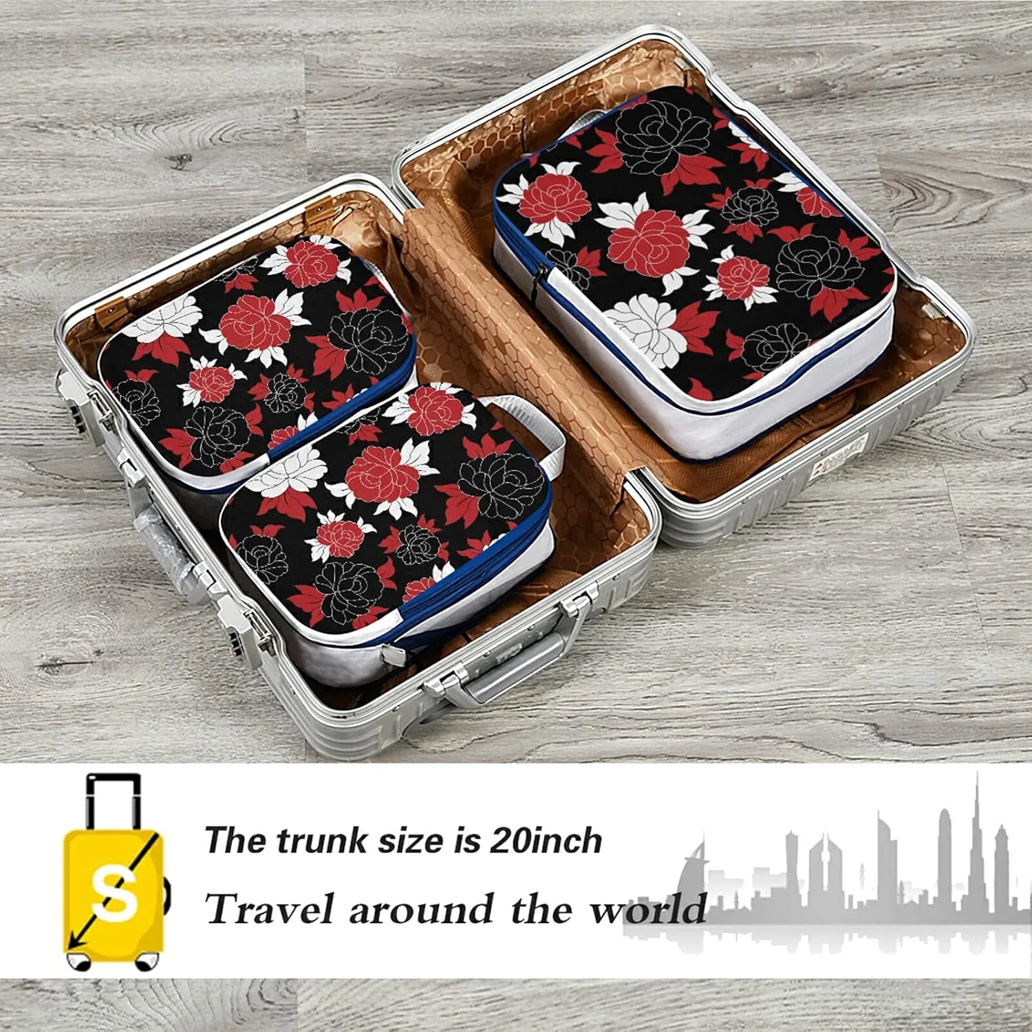 Seamless Traditional Flowers Black White Red Flower on Black 3 Set Packing Cubes, Waterproof Check Oxford cloth Organizers, Travel Packing Toiletry Storage Bag