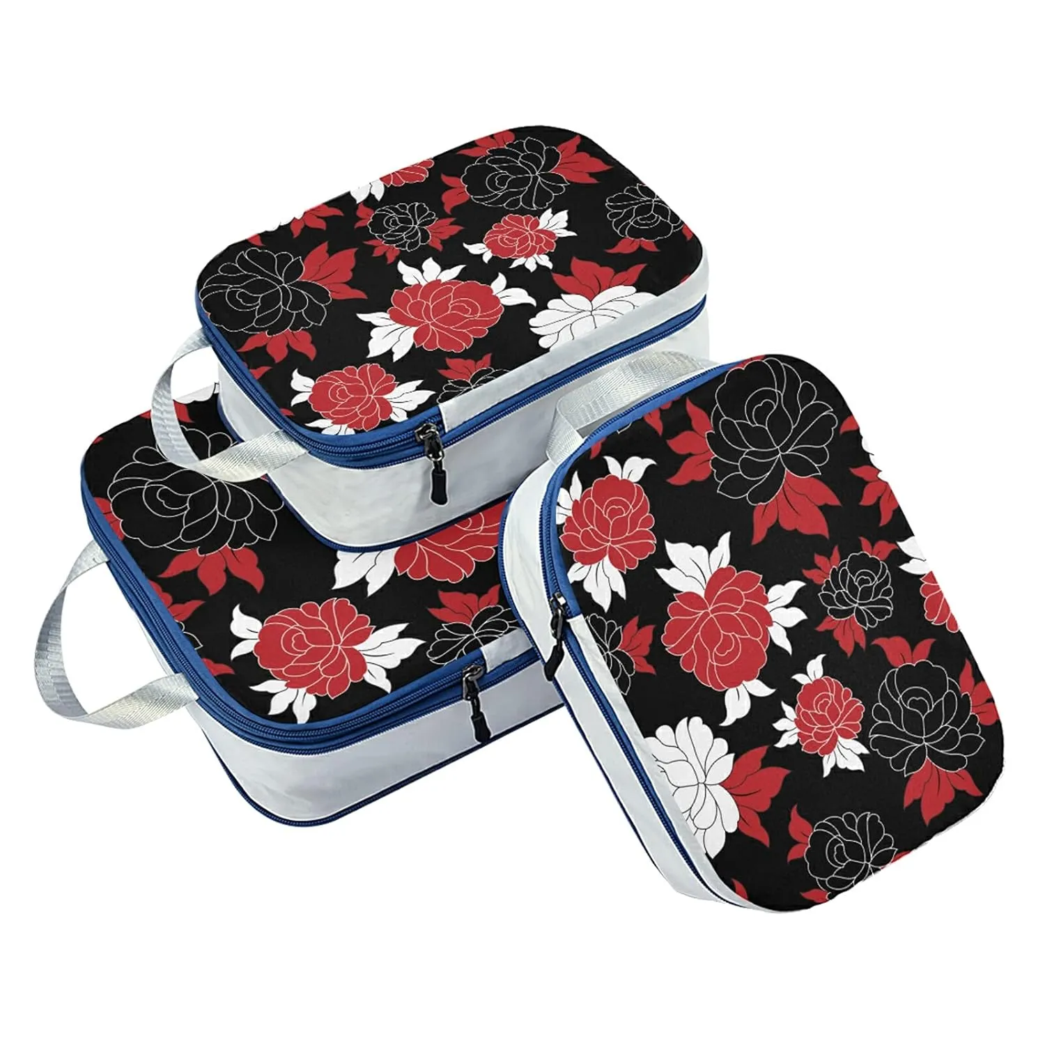 Seamless Traditional Flowers Black White Red Flower on Black 3 Set Packing Cubes, Waterproof Check Oxford cloth Organizers, Travel Packing Toiletry Storage Bag