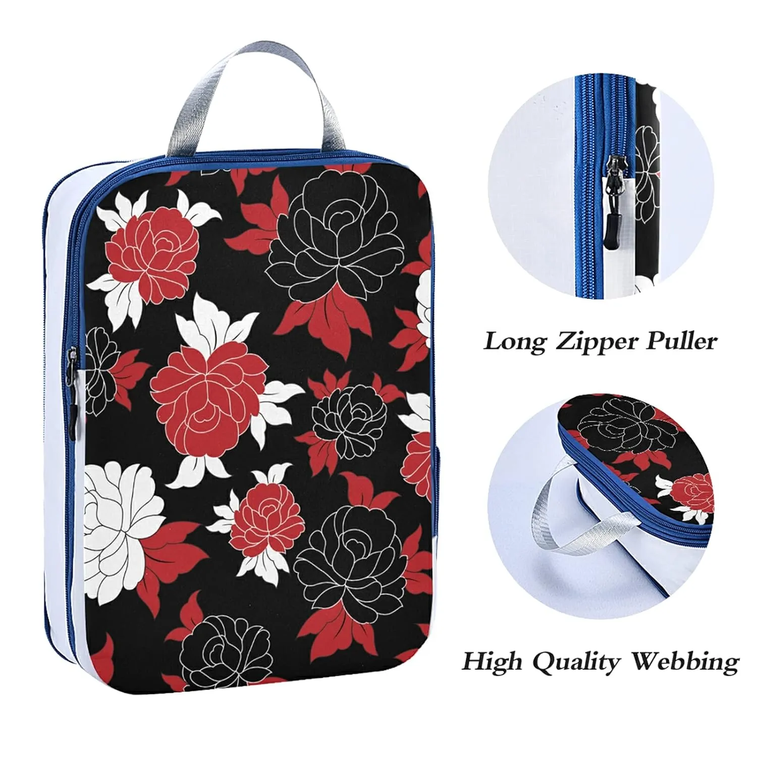 Seamless Traditional Flowers Black White Red Flower on Black 3 Set Packing Cubes, Waterproof Check Oxford cloth Organizers, Travel Packing Toiletry Storage Bag