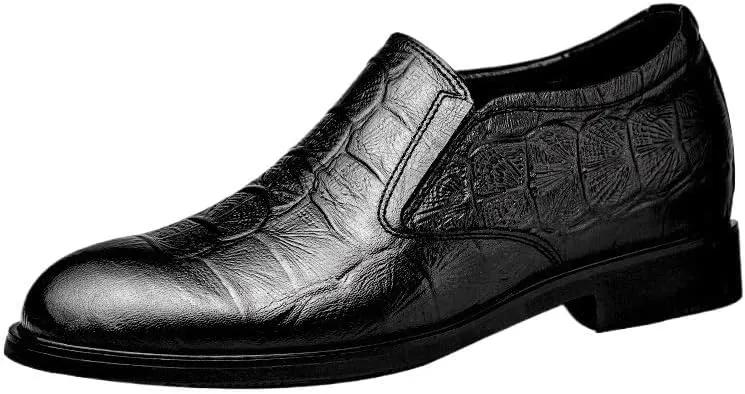 Shoes Dress Oxford for Men Slip On Crocodile Print Height Increasing Elevator 3.1IN Leather Block Heel Rubber Sole Low Top Casual