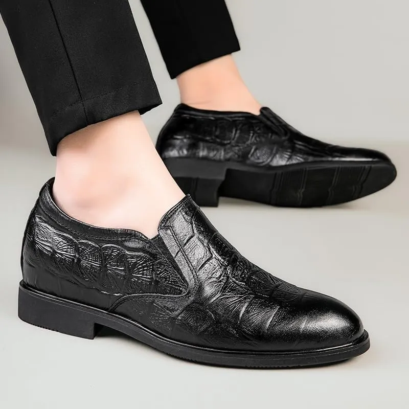 Shoes Dress Oxford for Men Slip On Crocodile Print Height Increasing Elevator 3.1IN Leather Block Heel Rubber Sole Low Top Casual