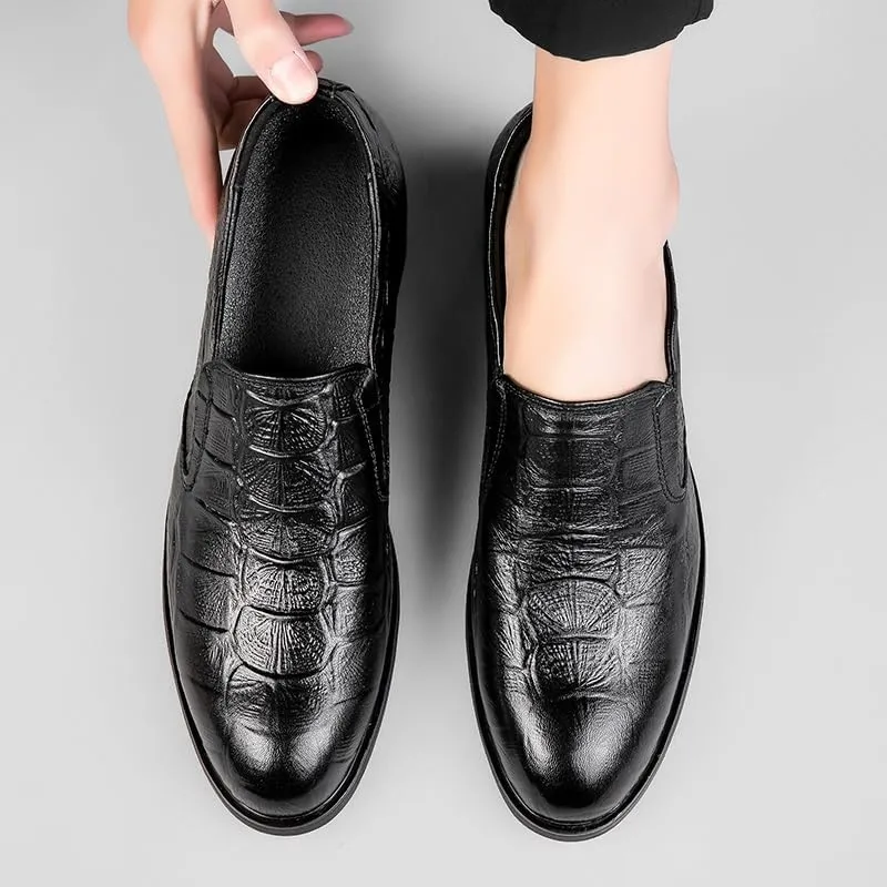 Shoes Dress Oxford for Men Slip On Crocodile Print Height Increasing Elevator 3.1IN Leather Block Heel Rubber Sole Low Top Casual