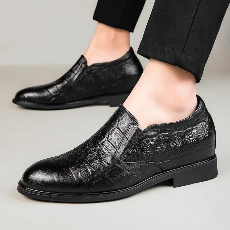 Shoes Dress Oxford for Men Slip On Crocodile Print Height Increasing Elevator 3.1IN Leather Block Heel Rubber Sole Low Top Casual