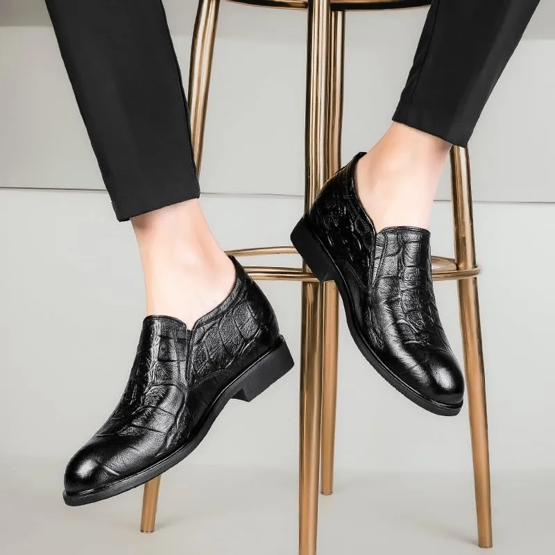 Shoes Dress Oxford for Men Slip On Crocodile Print Height Increasing Elevator 3.1IN Leather Block Heel Rubber Sole Low Top Casual