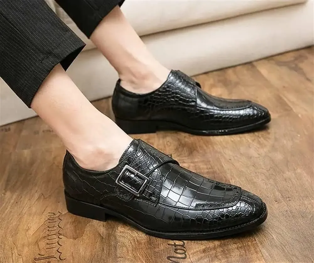 Shoes Dress Oxford for Men Slip On Split Toe Crocodile Embossed Monk Strap Leather Slip Resistant Low Top Rubber Sole Block Heel Non Slip Outdoor