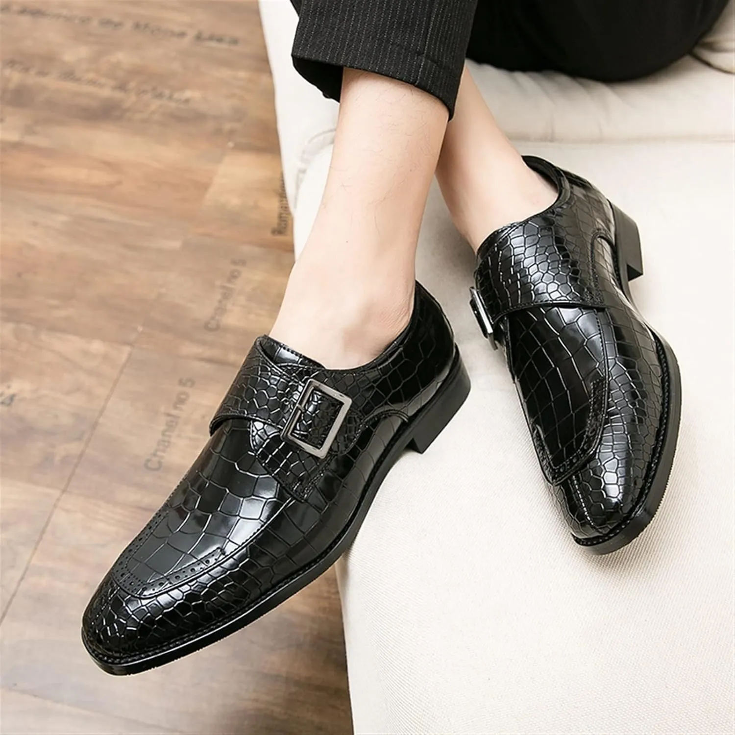 Shoes Dress Oxford for Men Slip On Split Toe Crocodile Embossed Monk Strap Leather Slip Resistant Low Top Rubber Sole Block Heel Non Slip Outdoor