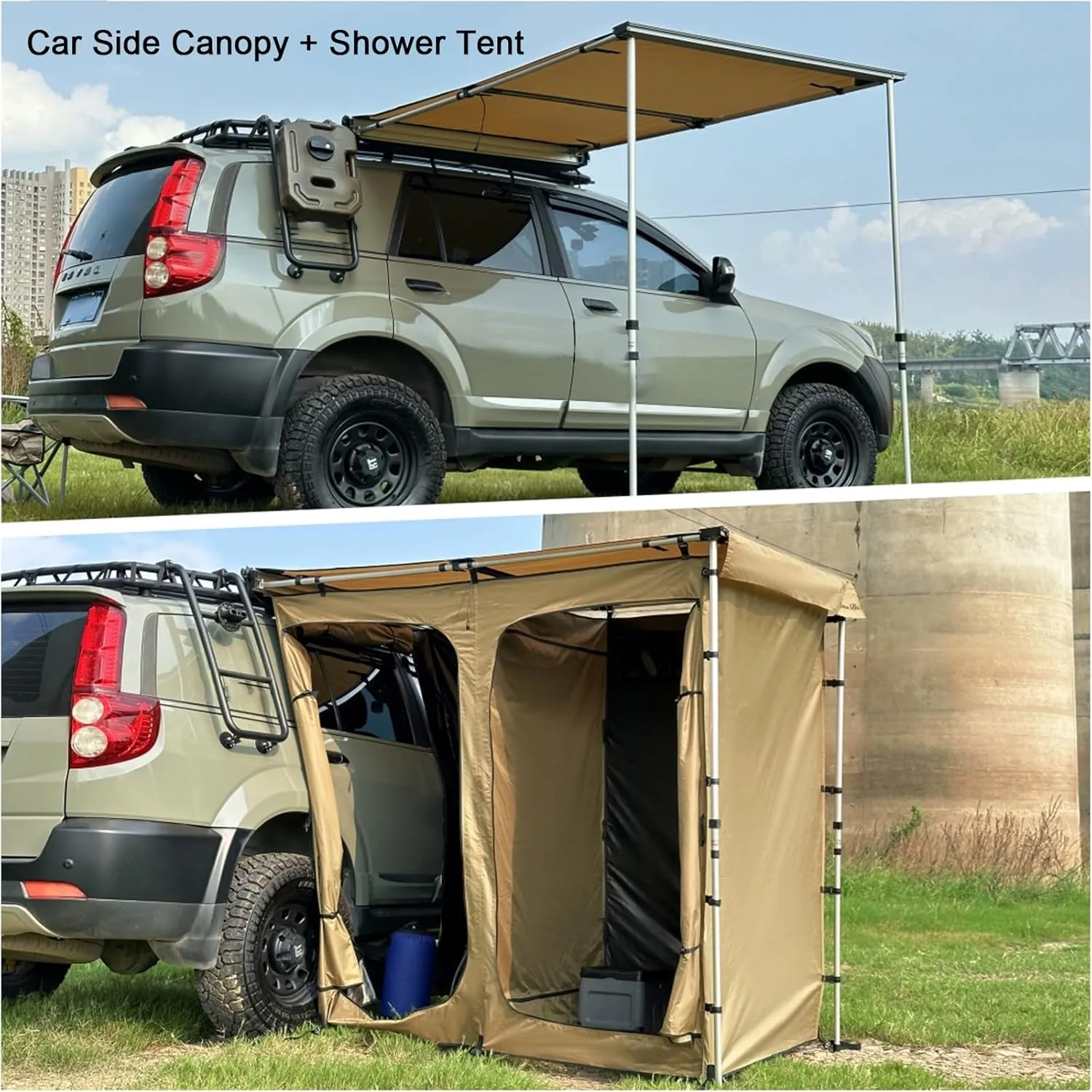 Shower Shelter Car Side Shower Tent Awning,Portable Outdoor Pop UP Camping Shower Tent Enclosure Changing Room with Roof – 2 Rooms – Instant Tent