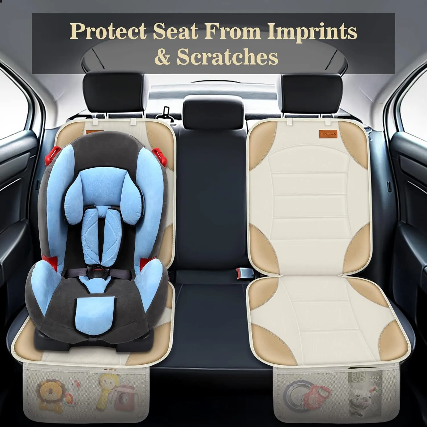 Siivton Car Seat Protector for Child, Cushion for Leather & Fabric Seats, 2 Mesh Pockets, Non-Slip Bottom, Waterproof for Vehicles - Baby & Pets (2 Pack)