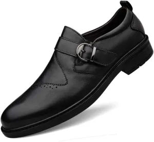 Single Season Dress Oxford for Men Slip On Round Toe Monk Strap Cowhide Block Heel Low Top Non Slip Resistant Walking Very Popular Among Young People (Color : Black Smooth, Size : 8)