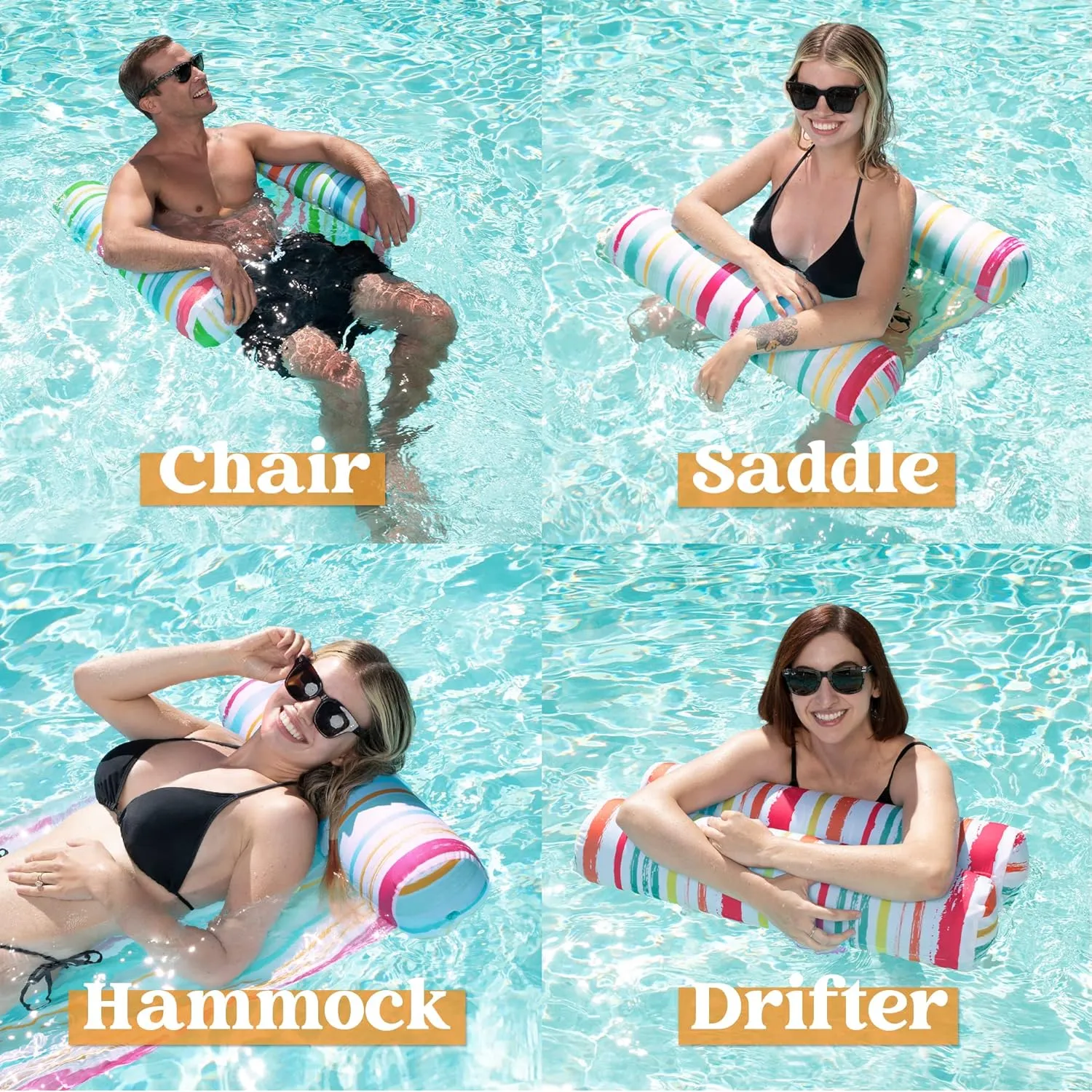 Sloosh 3 Pack 4-in-1 Inflatable Pool Floats - Water Hammock Lounges, Multi-Purpose Swimming Pool Accessories (Saddle, Lounge Chair, Drifter) for Pool, Lake, Outdoor, Beach