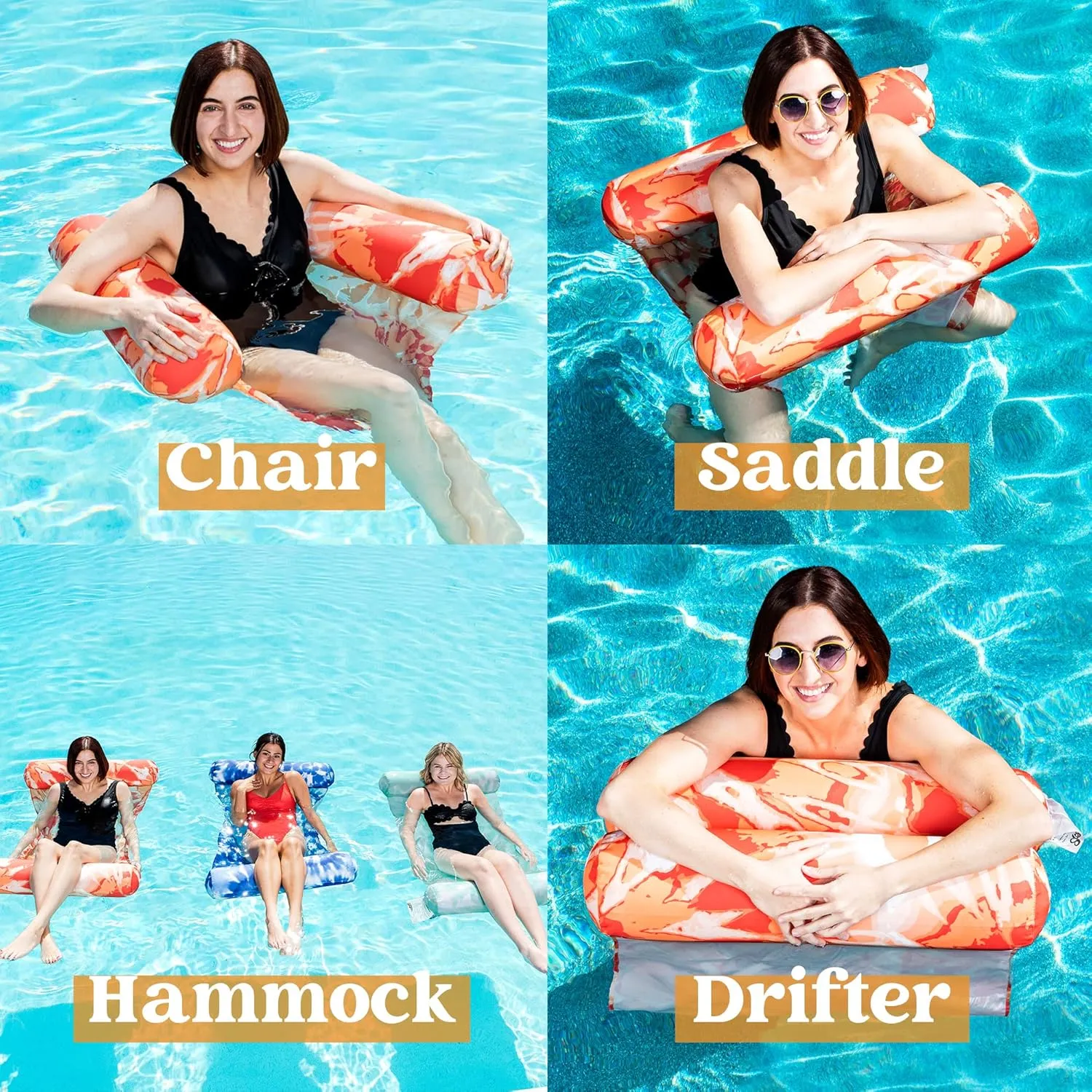 Sloosh 3 Pack 4-in-1 Inflatable Pool Floats - Water Hammock Lounges, Multi-Purpose Swimming Pool Accessories (Saddle, Lounge Chair, Drifter) for Pool, Lake, Outdoor, Beach