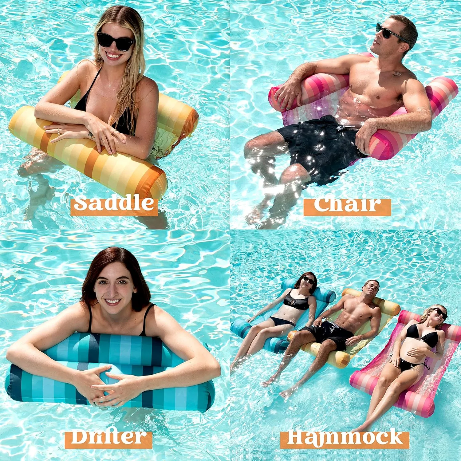 Sloosh 3 Pack 4-in-1 Inflatable Pool Floats - Water Hammock Lounges, Multi-Purpose Swimming Pool Accessories (Saddle, Lounge Chair, Drifter) for Pool, Lake, Outdoor, Beach