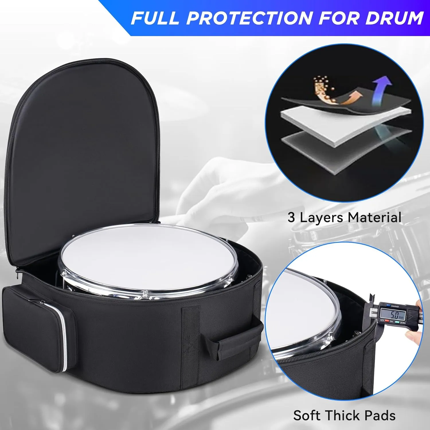 Snare Drum Bag 14 x 6.5'', Snare Drum Backpack Bag with 8MM Thick Padded, Drum Case Carrying Gig-bag with Multi-pocket, Heavy Duty, Durable, Comfortable