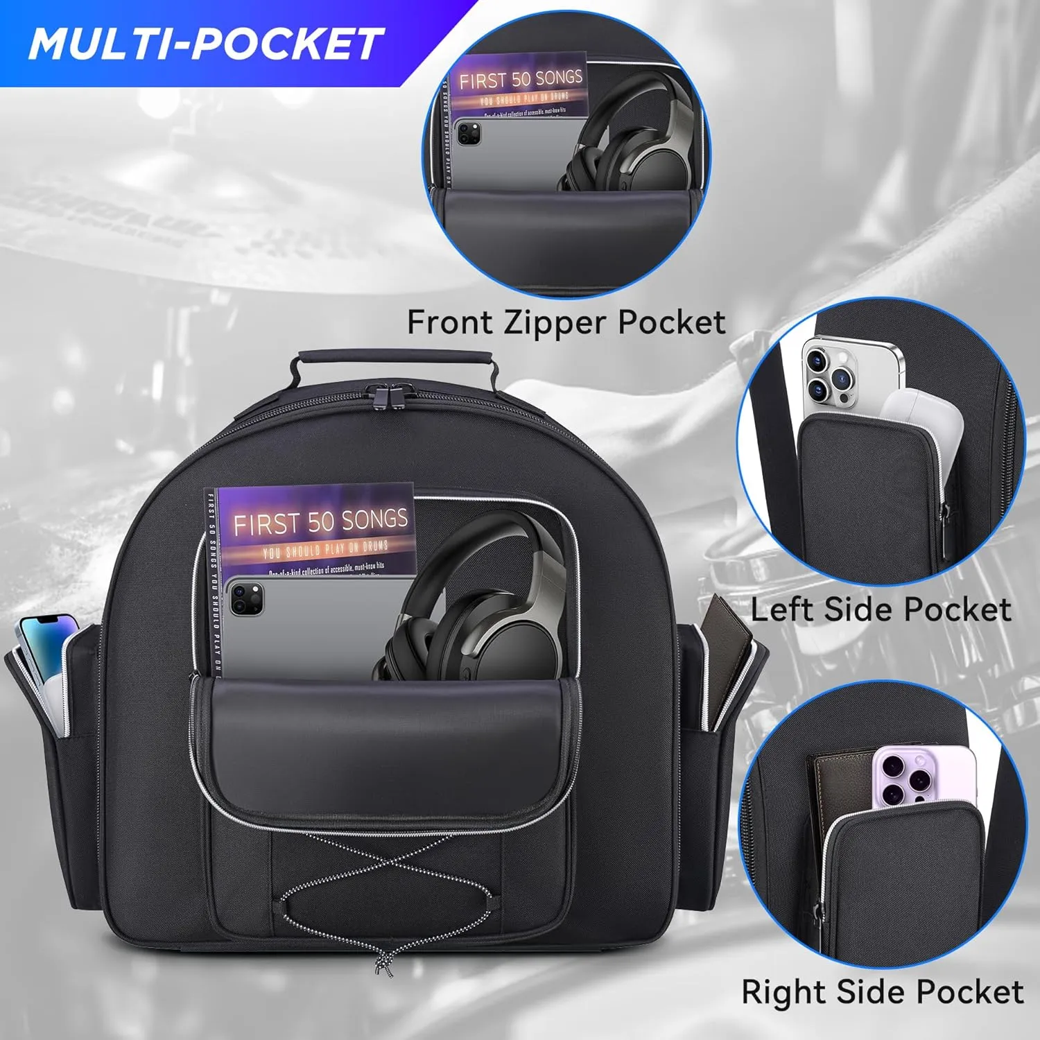 Snare Drum Bag 14 x 6.5'', Snare Drum Backpack Bag with 8MM Thick Padded, Drum Case Carrying Gig-bag with Multi-pocket, Heavy Duty, Durable, Comfortable