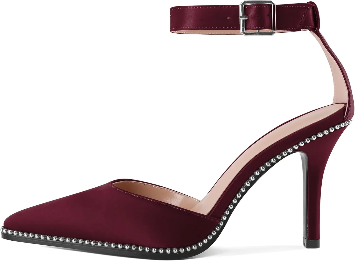 Soireelady Womens High Heels Beaded Pumps Stiletto Ankle Strap Heels Pointed Toe D'Orsay Heel Dress Shoes Satin 3.5 Inch