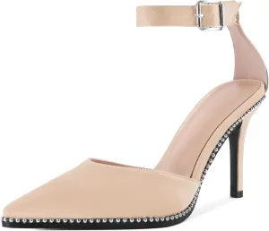 Soireelady Womens High Heels Beaded Pumps Stiletto Ankle Strap Heels Pointed Toe D'Orsay Heel Dress Shoes Satin 3.5 Inch