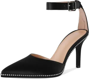 Soireelady Womens High Heels Beaded Pumps Stiletto Ankle Strap Heels Pointed Toe D'Orsay Heel Dress Shoes Satin 3.5 Inch