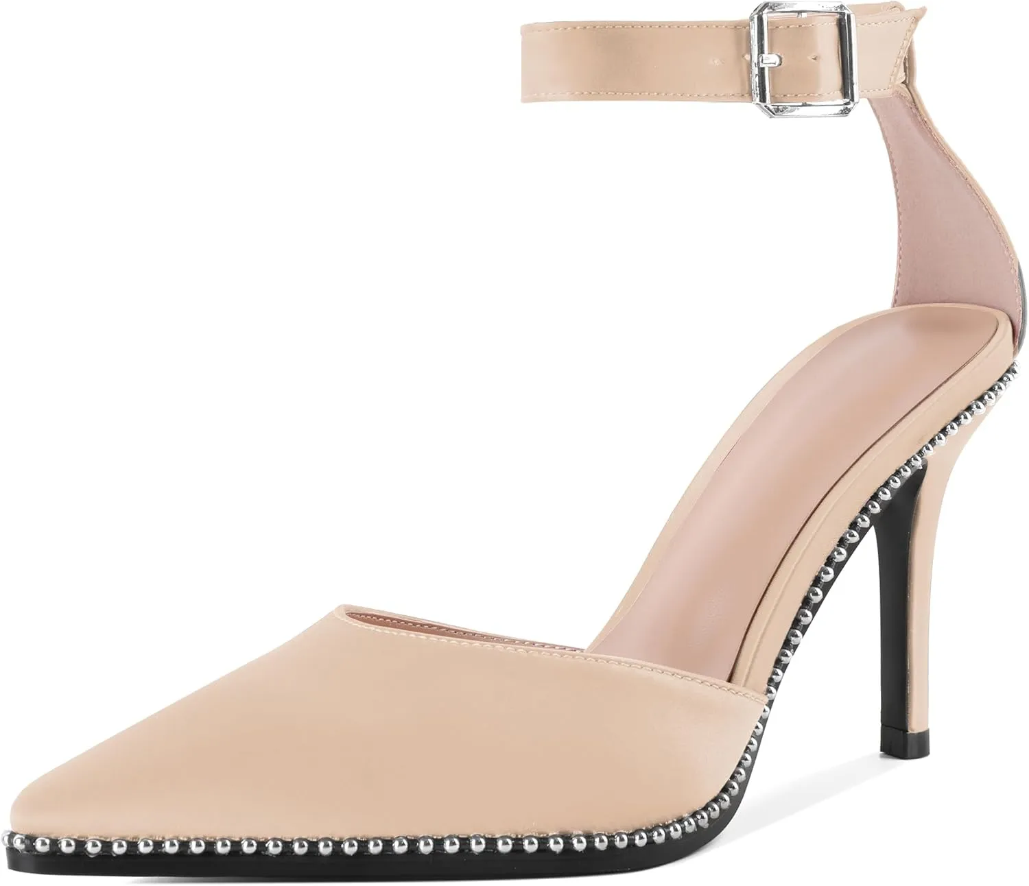 Soireelady Womens High Heels Beaded Pumps Stiletto Ankle Strap Heels Pointed Toe D'Orsay Heel Dress Shoes Satin 3.5 Inch