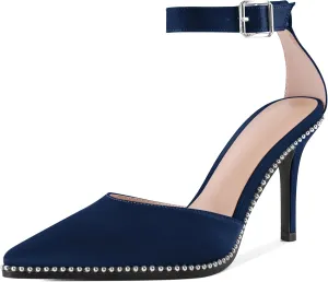 Soireelady Womens High Heels Beaded Pumps Stiletto Ankle Strap Heels Pointed Toe D'Orsay Heel Dress Shoes Satin 3.5 Inch