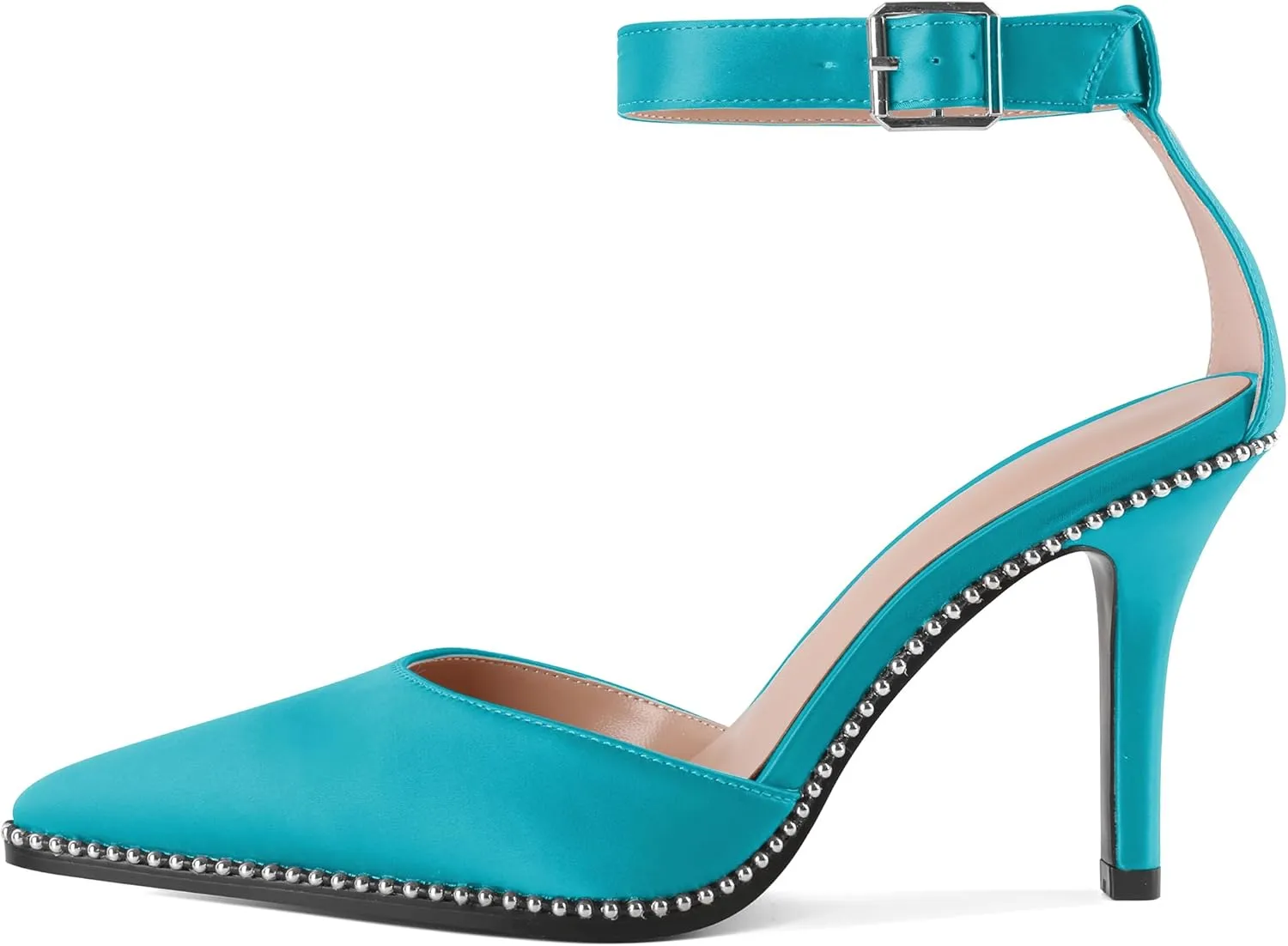 Soireelady Womens High Heels Beaded Pumps Stiletto Ankle Strap Heels Pointed Toe D'Orsay Heel Dress Shoes Satin 3.5 Inch