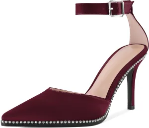 Soireelady Womens High Heels Beaded Pumps Stiletto Ankle Strap Heels Pointed Toe D'Orsay Heel Dress Shoes Satin 3.5 Inch