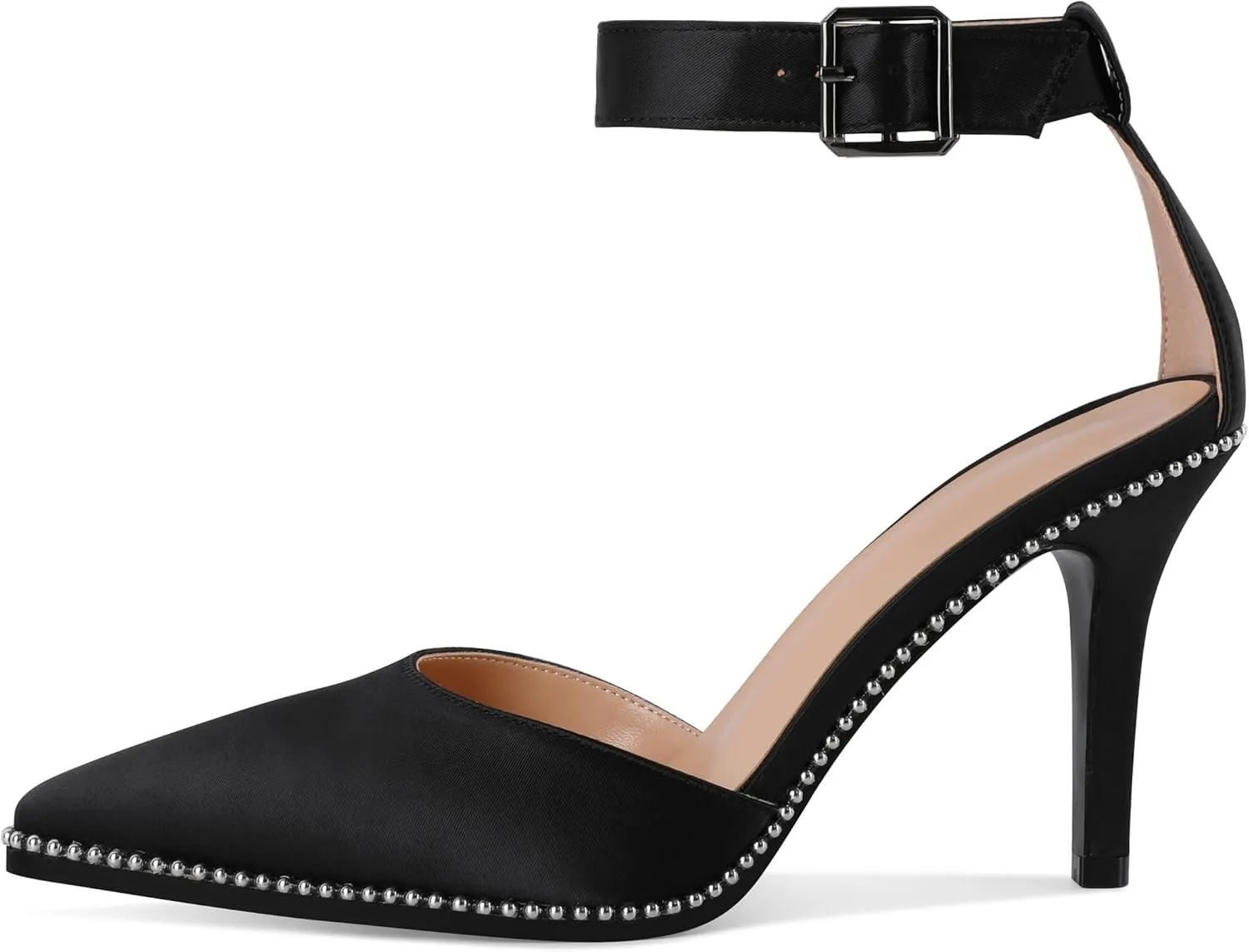 Soireelady Womens High Heels Beaded Pumps Stiletto Ankle Strap Heels Pointed Toe D'Orsay Heel Dress Shoes Satin 3.5 Inch