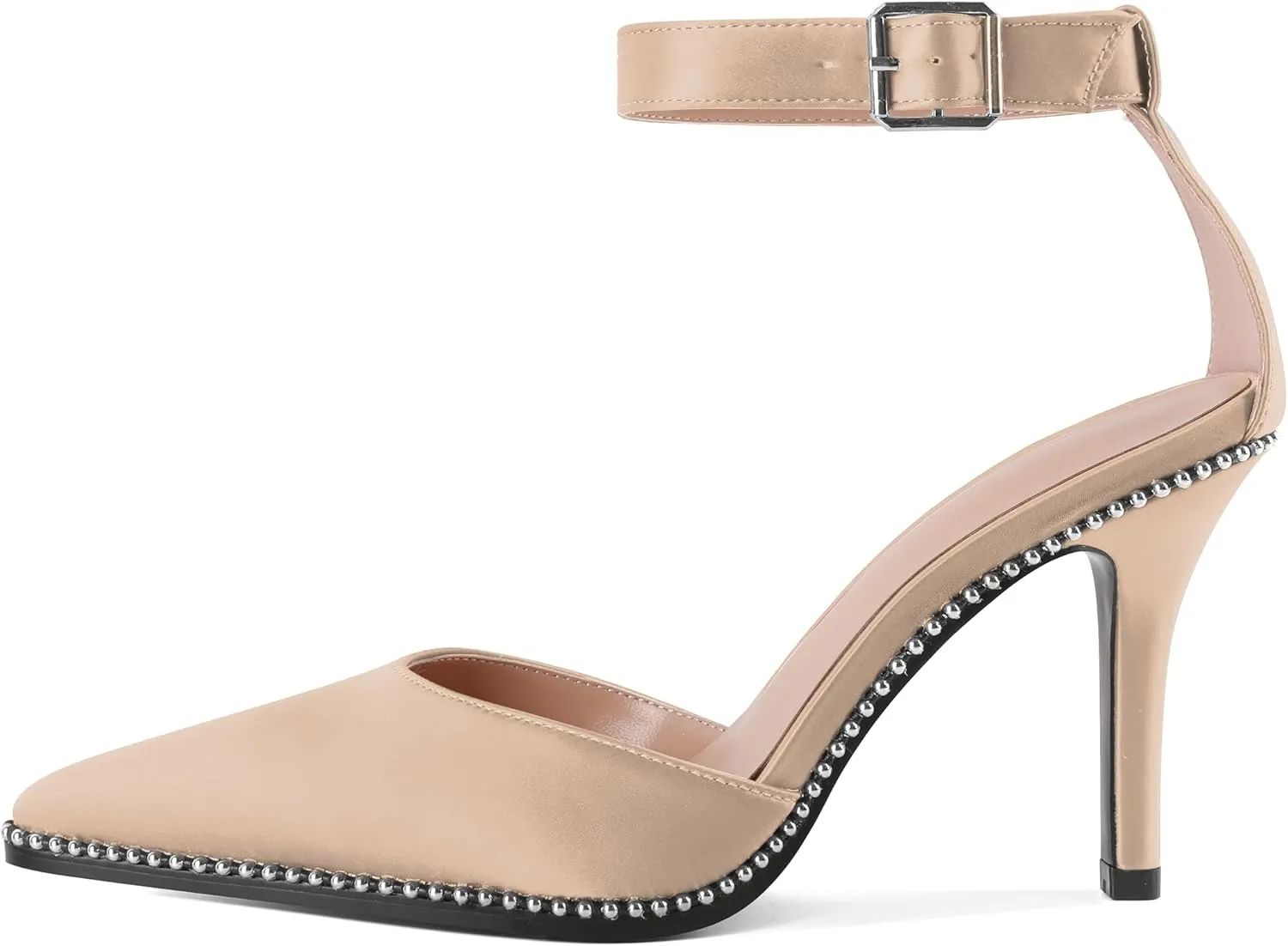 Soireelady Womens High Heels Beaded Pumps Stiletto Ankle Strap Heels Pointed Toe D'Orsay Heel Dress Shoes Satin 3.5 Inch