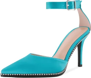 Soireelady Womens High Heels Beaded Pumps Stiletto Ankle Strap Heels Pointed Toe D'Orsay Heel Dress Shoes Satin 3.5 Inch