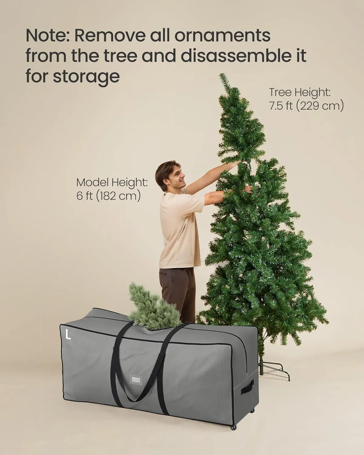 SONGMICS Christmas Tree Storage Bag with 1.6-Inch Wheels, Rolling Storage Bag, up to 7.5 ft, For Disassembled Holiday Tree, Length-Adjustable Handles, 600D Oxford Fabric, Dove Gray URXS004G02
