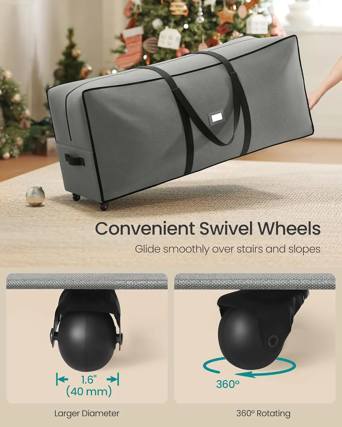 SONGMICS Christmas Tree Storage Bag with 1.6-Inch Wheels, Rolling Storage Bag, up to 7.5 ft, For Disassembled Holiday Tree, Length-Adjustable Handles, 600D Oxford Fabric, Dove Gray URXS004G02