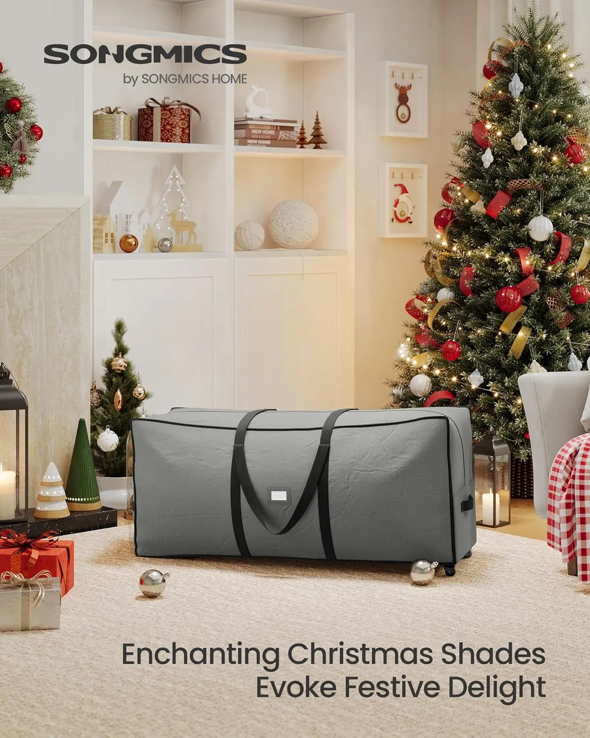 SONGMICS Christmas Tree Storage Bag with 1.6-Inch Wheels, Rolling Storage Bag, up to 7.5 ft, For Disassembled Holiday Tree, Length-Adjustable Handles, 600D Oxford Fabric, Dove Gray URXS004G02