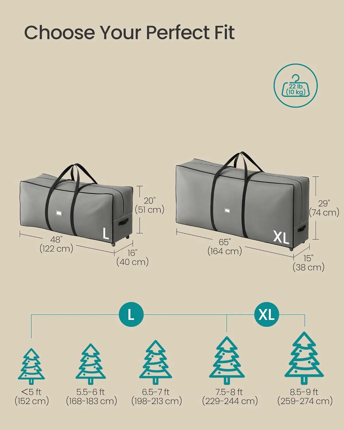 SONGMICS Christmas Tree Storage Bag with 1.6-Inch Wheels, Rolling Storage Bag, up to 7.5 ft, For Disassembled Holiday Tree, Length-Adjustable Handles, 600D Oxford Fabric, Dove Gray URXS004G02