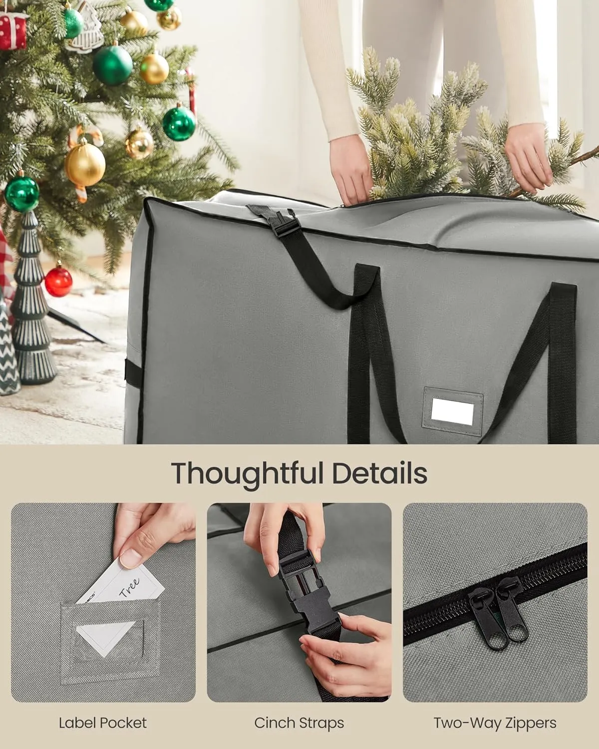 SONGMICS Christmas Tree Storage Bag with 1.6-Inch Wheels, Rolling Storage Bag, up to 7.5 ft, For Disassembled Holiday Tree, Length-Adjustable Handles, 600D Oxford Fabric, Dove Gray URXS004G02