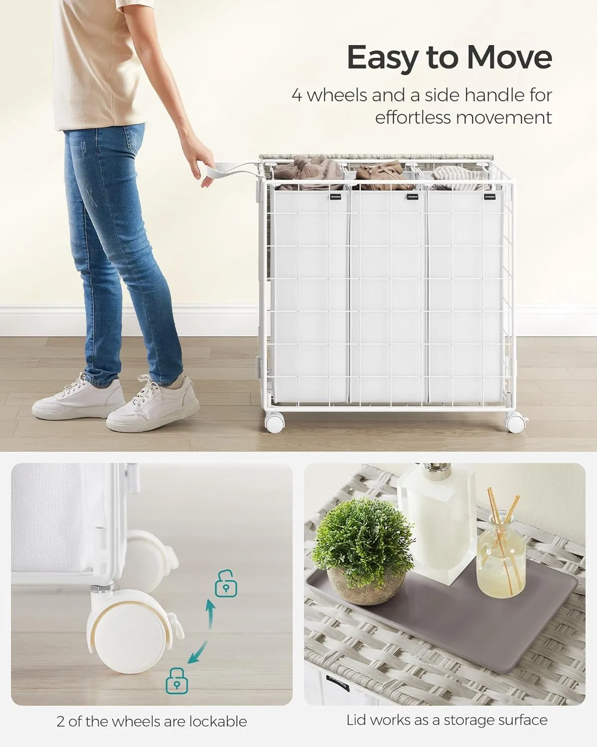 SONGMICS Laundry Hamper, 130L Laundry Basket with Lid, Clothes Hamper with Wheels, Collapsible Removable Liner Bag, Iron-Made Laundry Sorter, Cloud White ULCB313W01