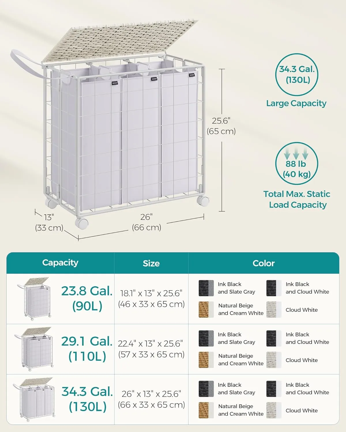 SONGMICS Laundry Hamper, 130L Laundry Basket with Lid, Clothes Hamper with Wheels, Collapsible Removable Liner Bag, Iron-Made Laundry Sorter, Cloud White ULCB313W01
