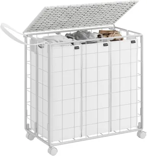 SONGMICS Laundry Hamper, 130L Laundry Basket with Lid, Clothes Hamper with Wheels, Collapsible Removable Liner Bag, Iron-Made Laundry Sorter, Cloud White ULCB313W01