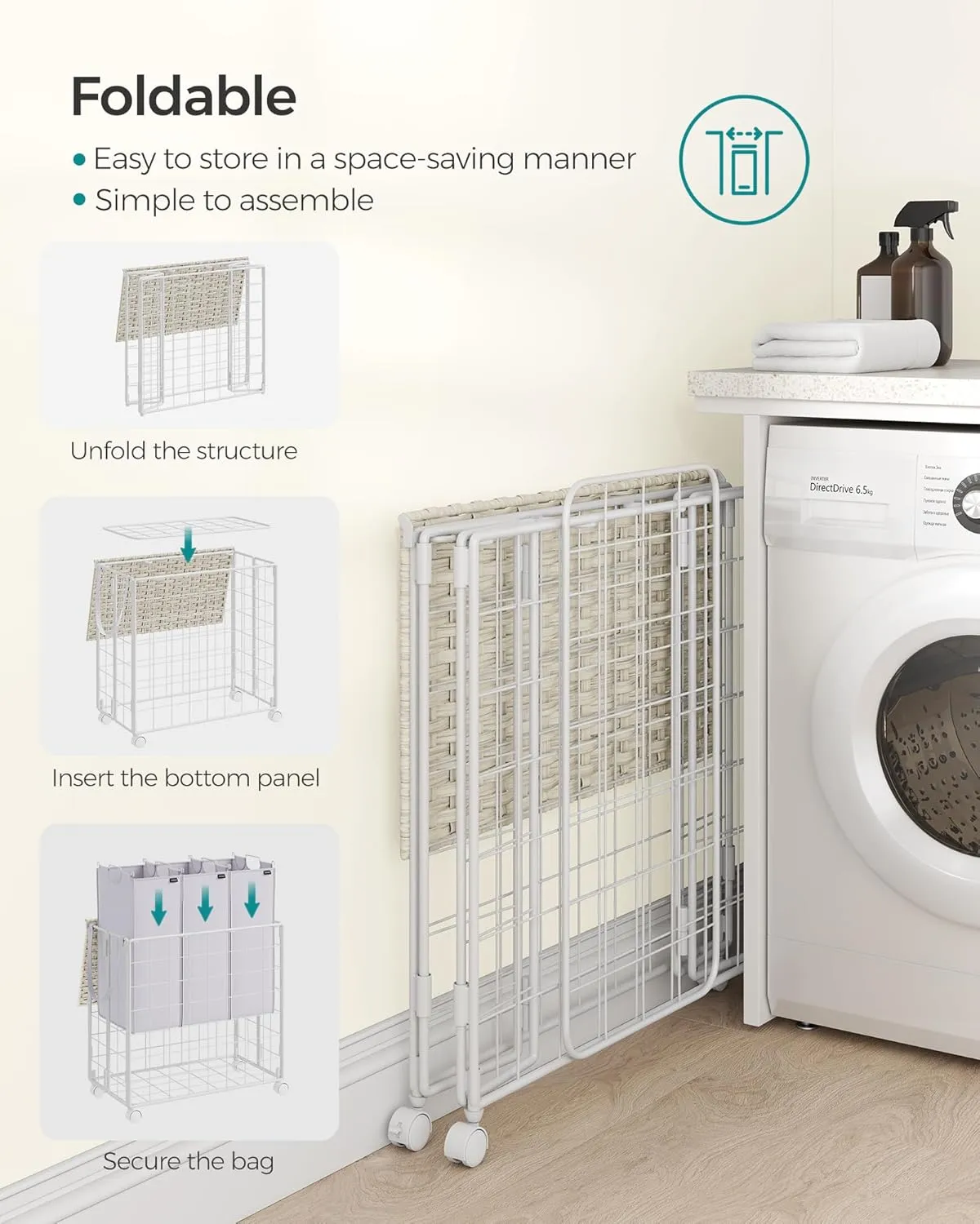SONGMICS Laundry Hamper, 130L Laundry Basket with Lid, Clothes Hamper with Wheels, Collapsible Removable Liner Bag, Iron-Made Laundry Sorter, Cloud White ULCB313W01