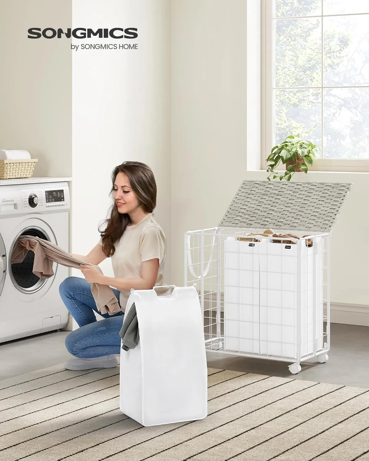 SONGMICS Laundry Hamper, 130L Laundry Basket with Lid, Clothes Hamper with Wheels, Collapsible Removable Liner Bag, Iron-Made Laundry Sorter, Cloud White ULCB313W01