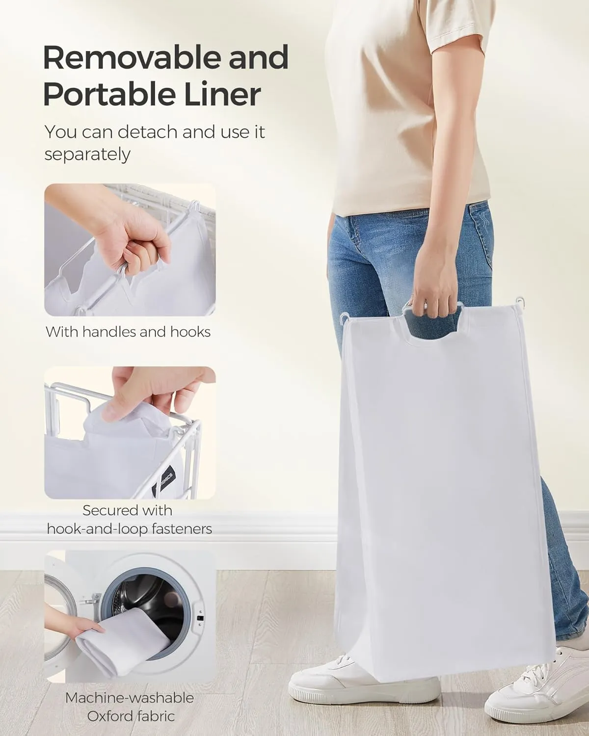 SONGMICS Laundry Hamper, 130L Laundry Basket with Lid, Clothes Hamper with Wheels, Collapsible Removable Liner Bag, Iron-Made Laundry Sorter, Cloud White ULCB313W01