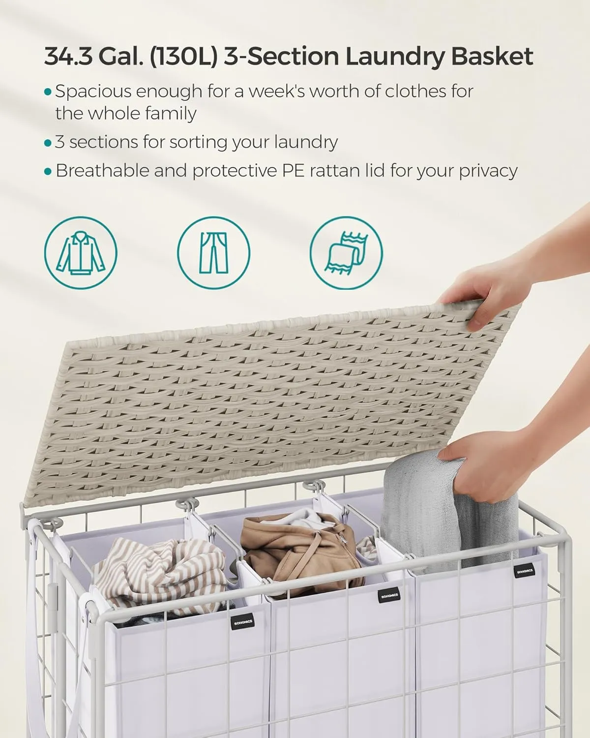 SONGMICS Laundry Hamper, 130L Laundry Basket with Lid, Clothes Hamper with Wheels, Collapsible Removable Liner Bag, Iron-Made Laundry Sorter, Cloud White ULCB313W01