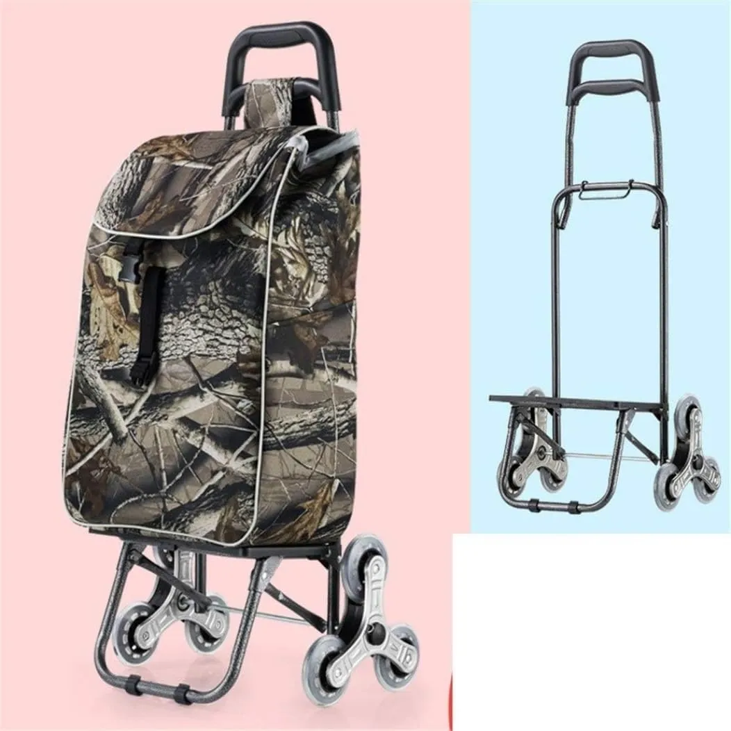 Sport Grocery Cart, Multifunctional Luggage Cart Folding Shopping Cart Waterproof Leaf Printed Oxford Cloth Bag with Tri-Wheels Stair Climber Trolley Cart