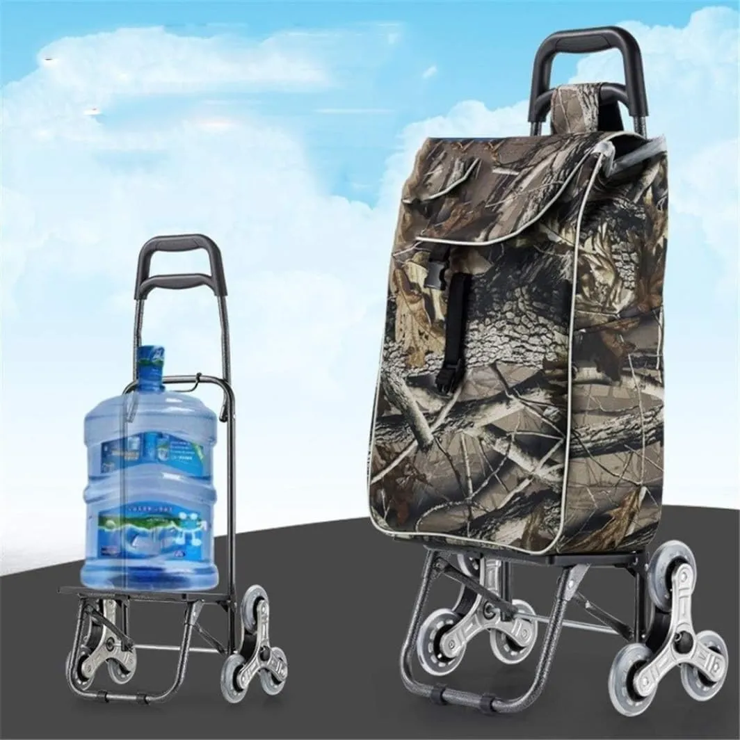 Sport Grocery Cart, Multifunctional Luggage Cart Folding Shopping Cart Waterproof Leaf Printed Oxford Cloth Bag with Tri-Wheels Stair Climber Trolley Cart