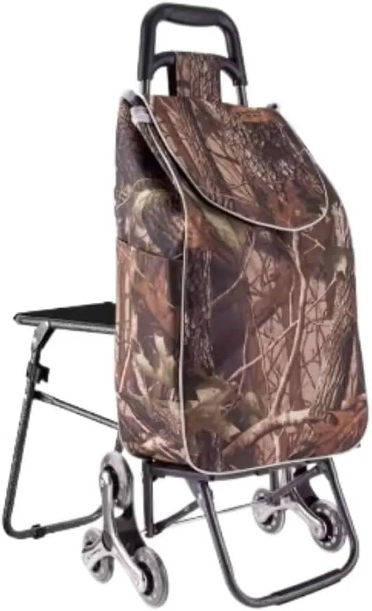 Sport Grocery Cart, Multifunctional Luggage Cart Folding Shopping Cart Waterproof Leaf Printed Oxford Cloth Bag with Tri-Wheels Stair Climber Trolley Cart