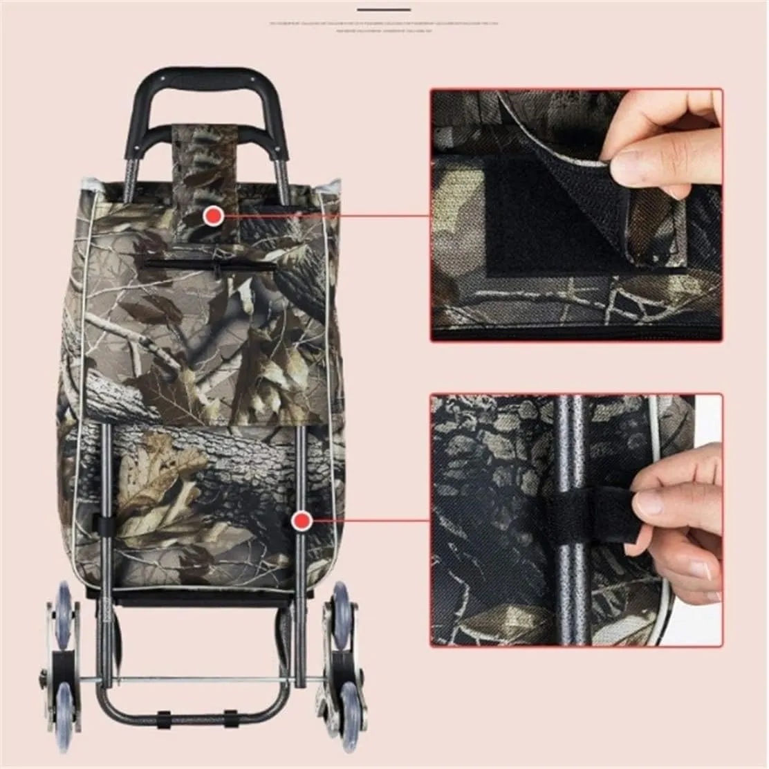 Sport Grocery Cart, Multifunctional Luggage Cart Folding Shopping Cart Waterproof Leaf Printed Oxford Cloth Bag with Tri-Wheels Stair Climber Trolley Cart