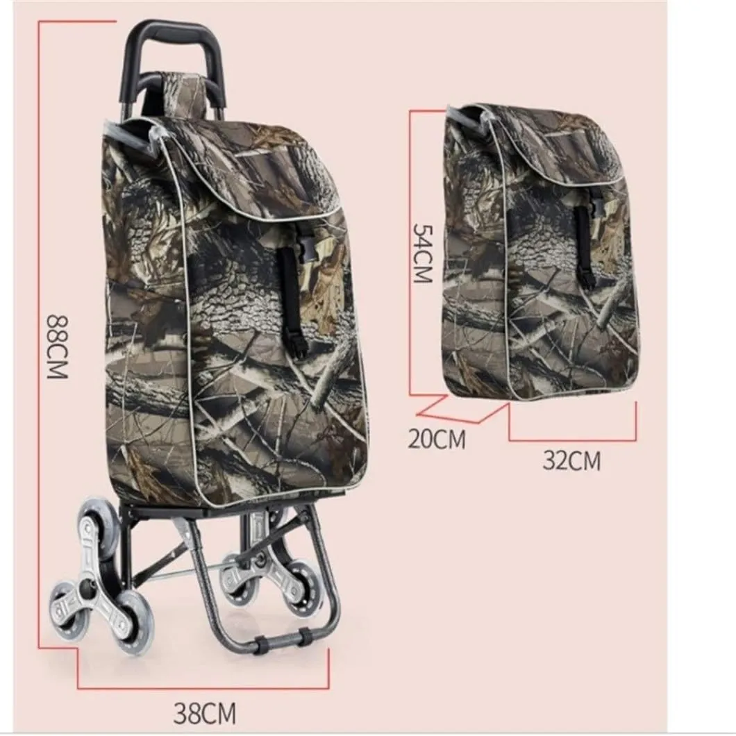 Sport Grocery Cart, Multifunctional Luggage Cart Folding Shopping Cart Waterproof Leaf Printed Oxford Cloth Bag with Tri-Wheels Stair Climber Trolley Cart