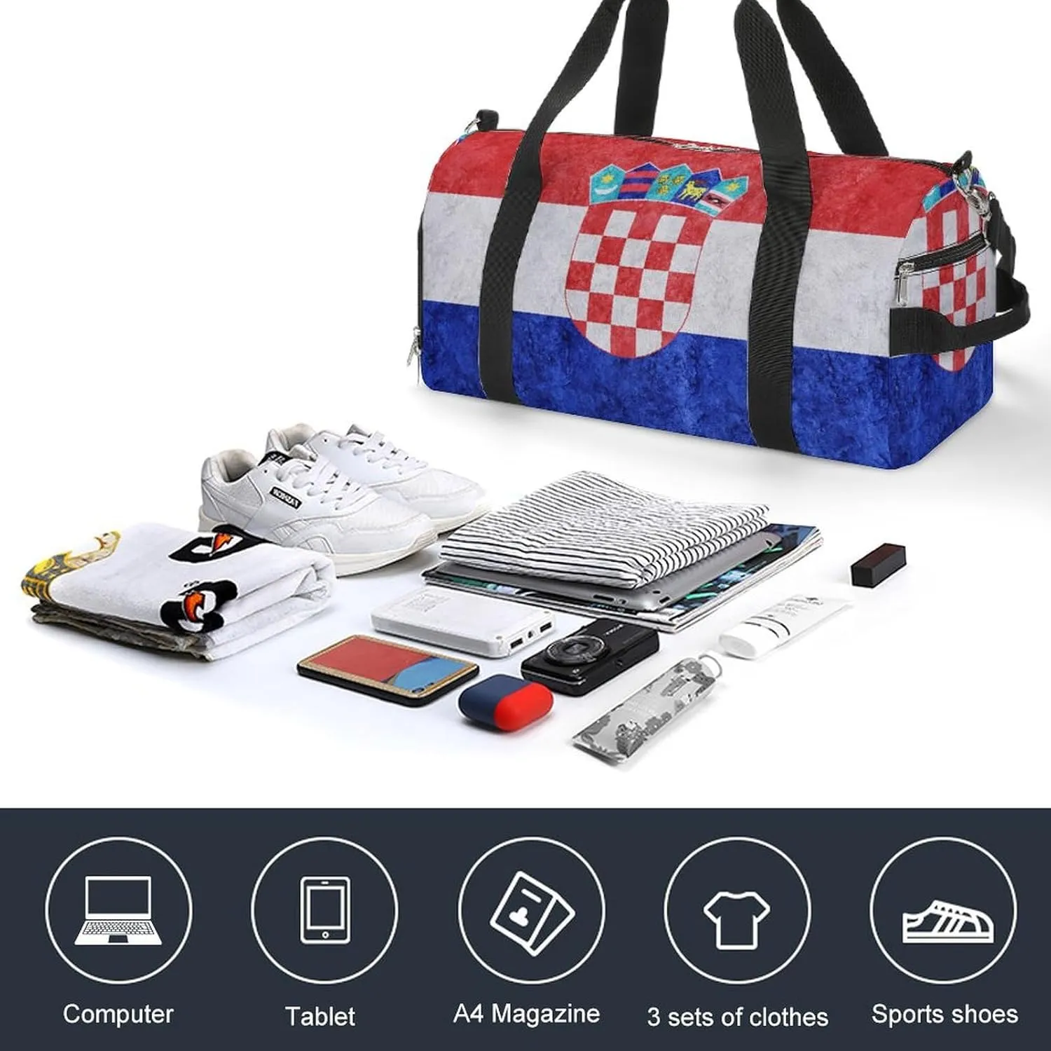 Sports Duffel Bag with Croatia Flag Textured Shoe Compartment Waterproof for Travel Gym