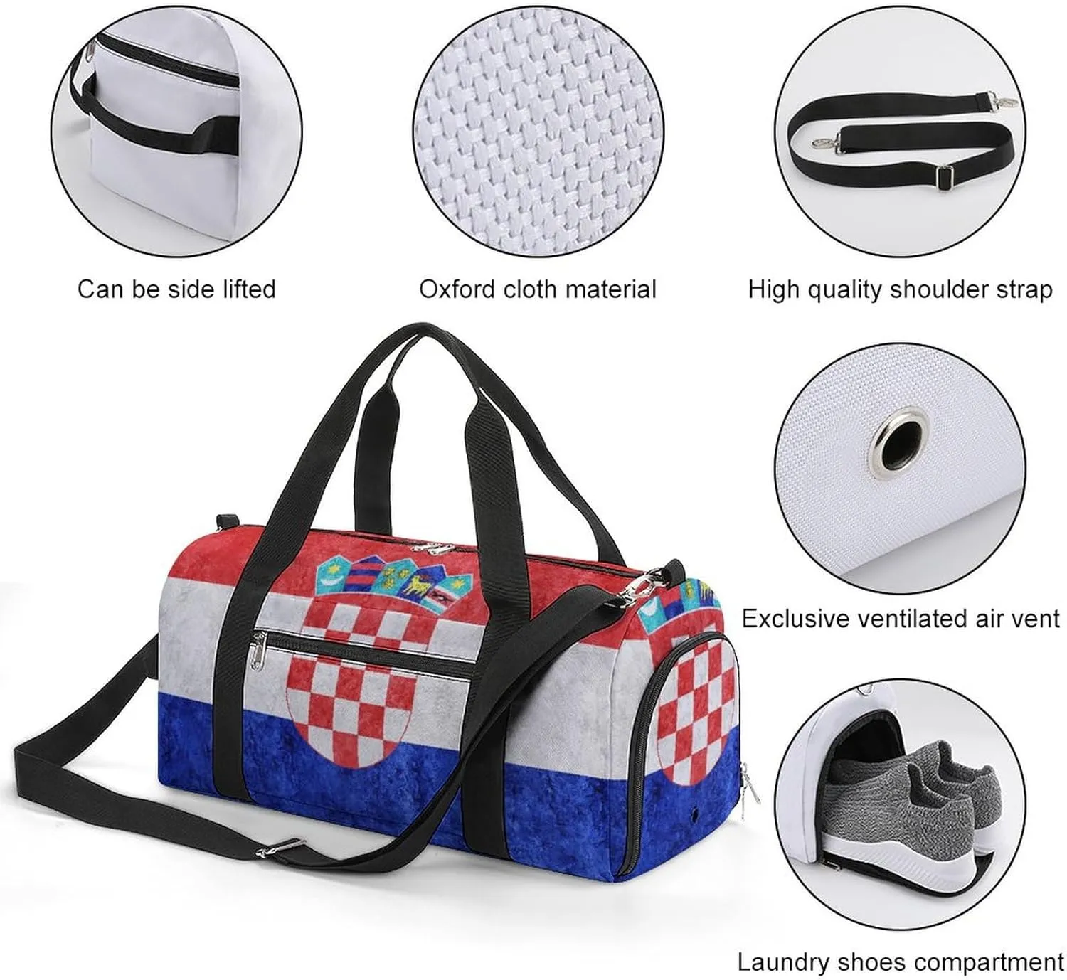 Sports Duffel Bag with Croatia Flag Textured Shoe Compartment Waterproof for Travel Gym