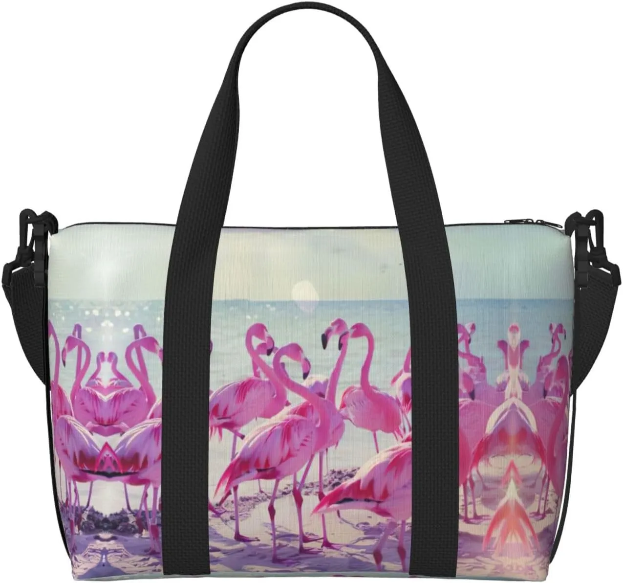SSIMOO Flock Of Red Flamingos On The Beach Print Versatile Travel Duffel Bag,The Companion For Business And Personal Trips, Black