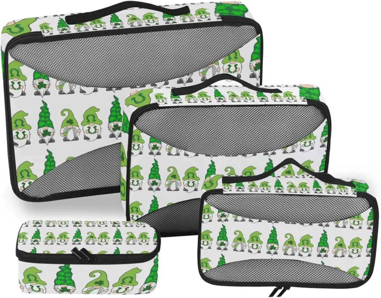 St Patrick Day Gnomes with Green Shamrock Clovers Leaves on White 4 PCs Set Packing Bags, Luggage Organizer Bag, Portable Cube Toiletry bag, Durable Travel Cosmetic Storage Bag for Men Women